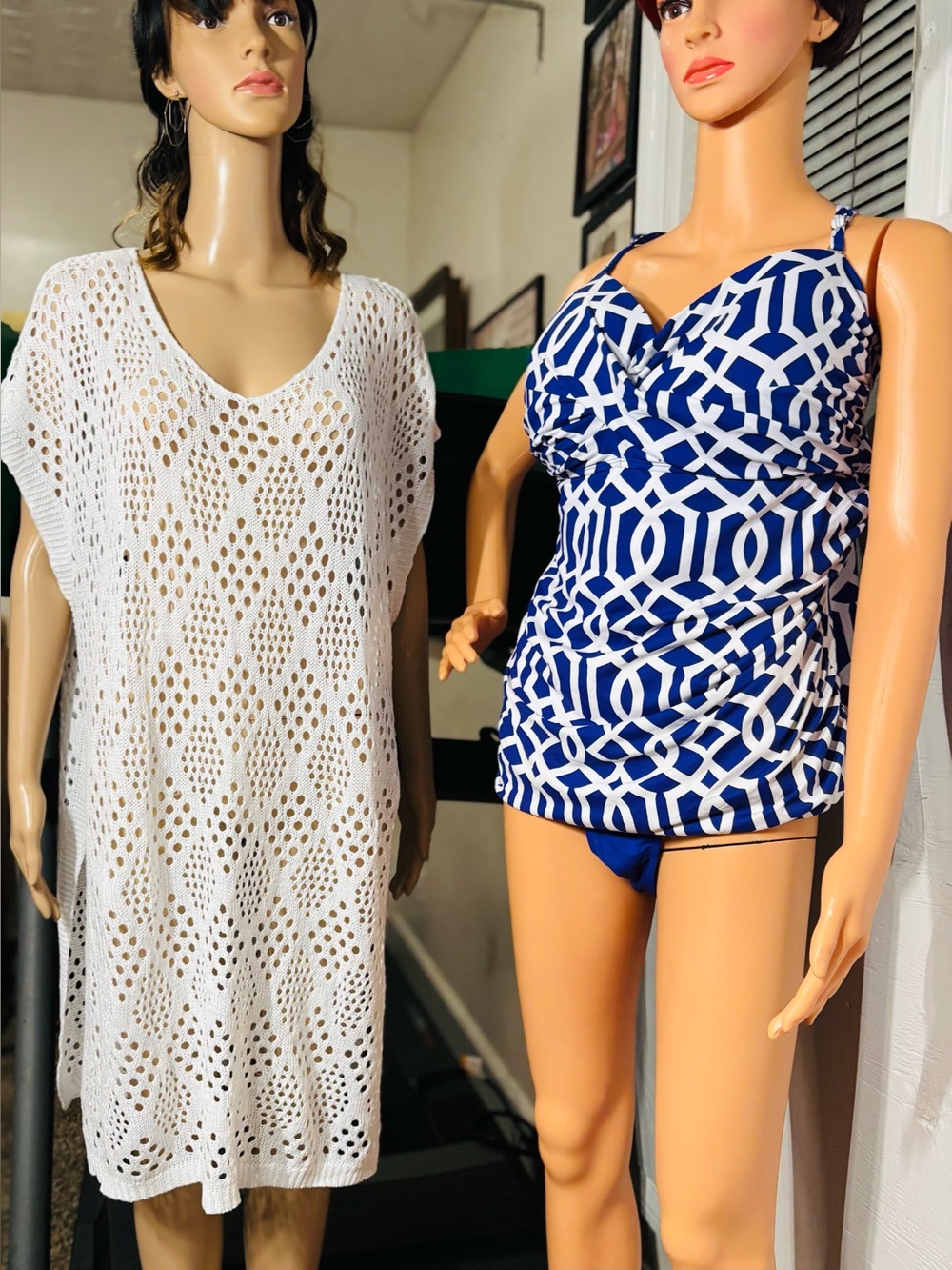 Blue & White Geometric Tankini with White  knit Cover-Up